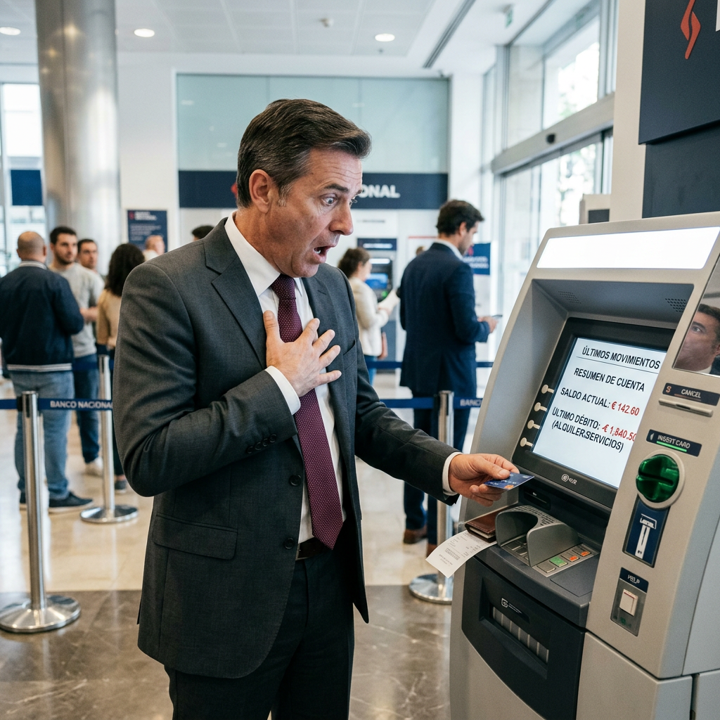 Man reacting at ATM displaying Spanish balance and recent transactions