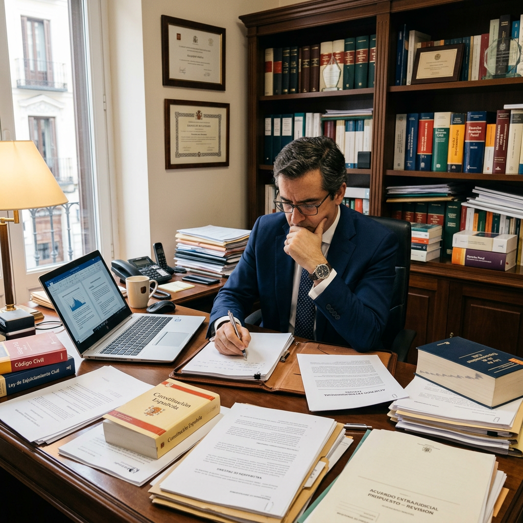 Lawyer reviewing documents at desk surrounded by legal books