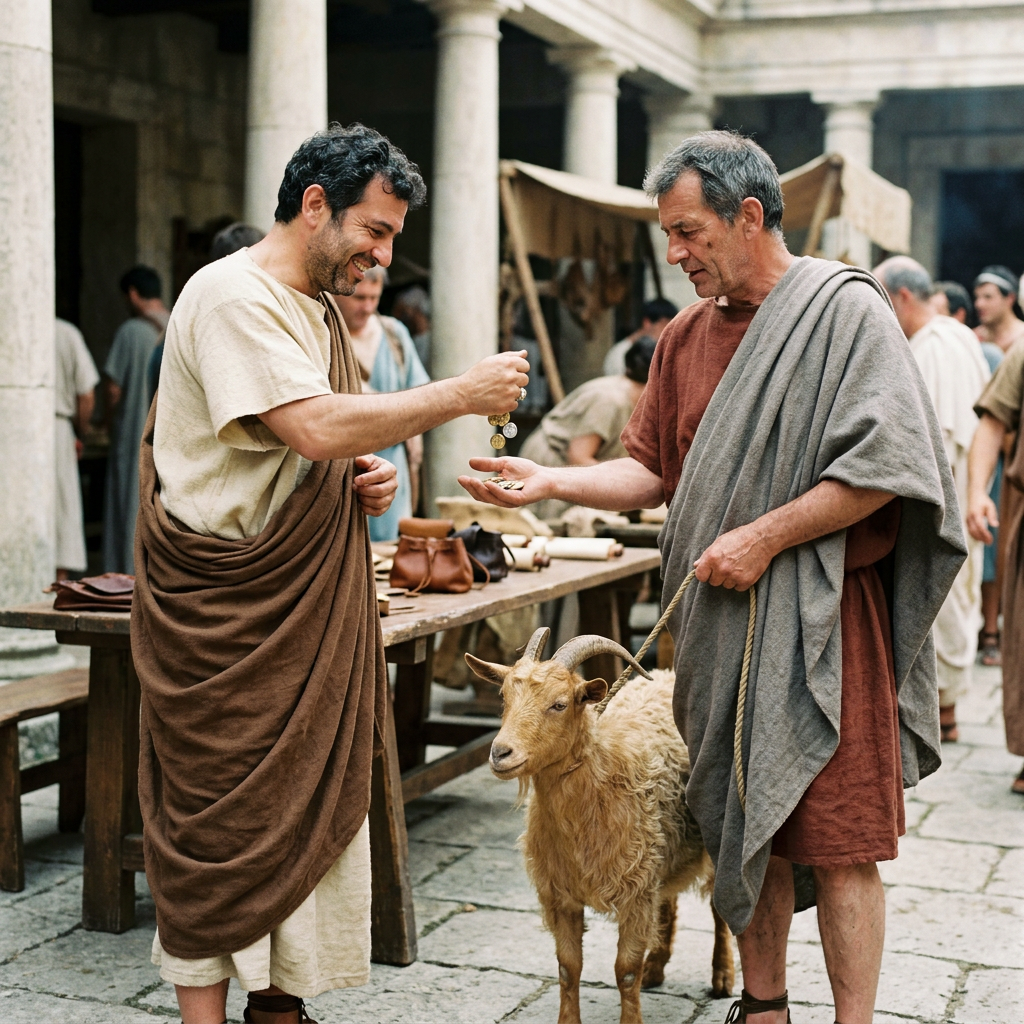 Two men exchange coins beside a goat in an ancient marketplace